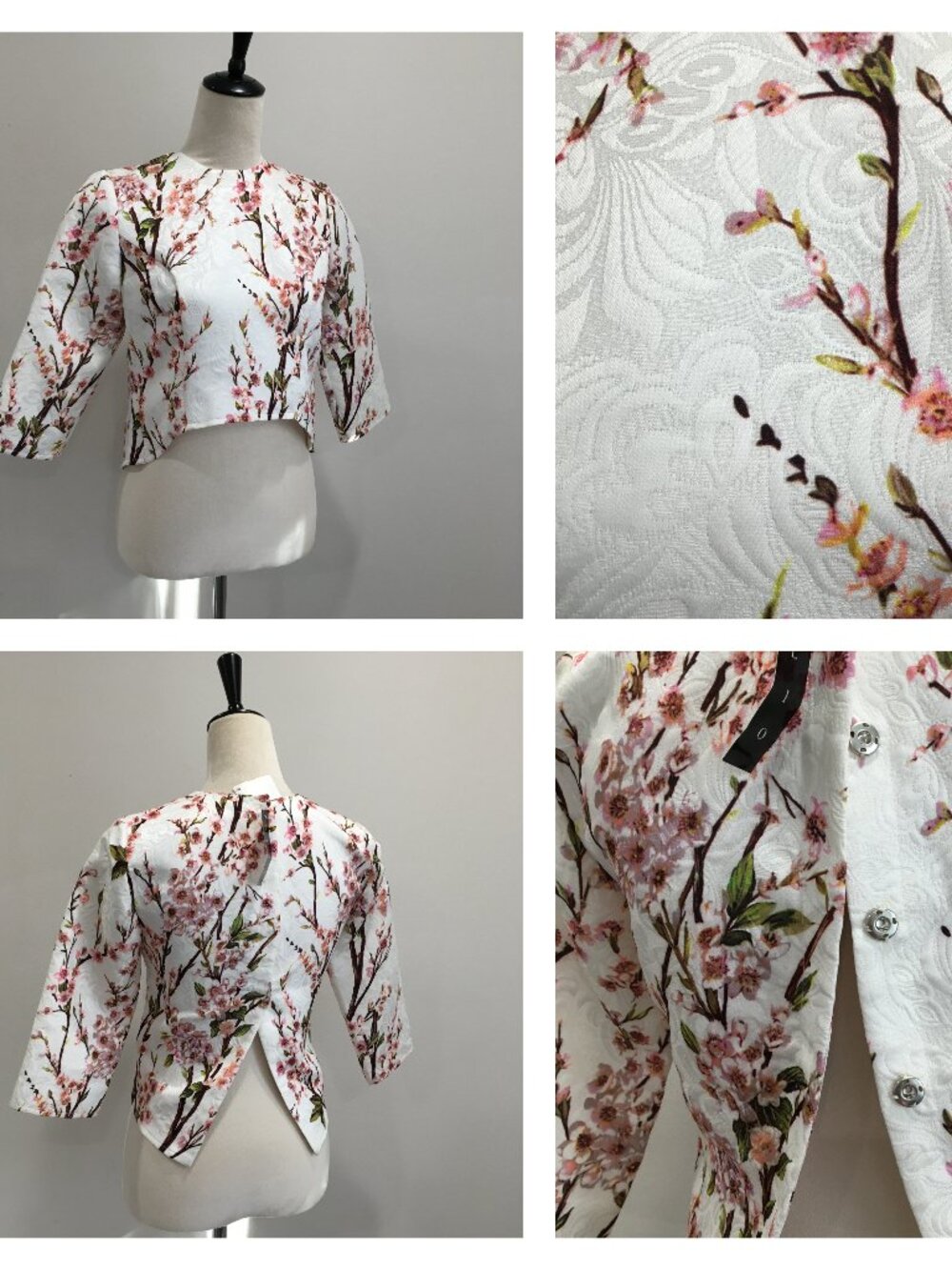 NWT ELIO Celine K Sakura Cherry Blossom Print Open Back High Low Hem Crop Shirt